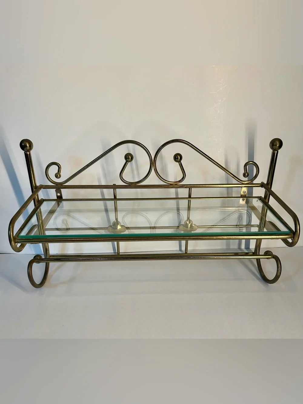 Vintage Brass Colored Glass Display Shelf  With Towel Holder